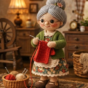 May include: A handcrafted crochet doll of a grandmother figure, wearing a green cardigan, floral dress, and glasses, knitting a red piece. A basket of yarn and needles sits nearby, with a cozy, vintage-style background.