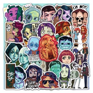 May include: A collection of colorful, stylized stickers featuring various cartoon characters with expressive faces. Some stickers include text like "I'm Not" and phrases in other languages. The stickers have a white border and are arranged on a light blue background.