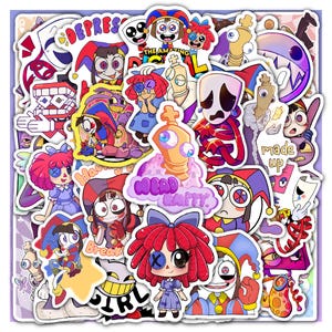 May include: A collection of colorful cartoon stickers featuring various characters with harlequin-style outfits, chess pieces, and text like "DEPRES" and "WEAD HAPPY". The stickers have a white border and are arranged on a purple background.