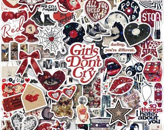 102 PCS Holographic Downtown Girl Stickers, Y2K Grunge Cute Trendy Red Vinyl Decals