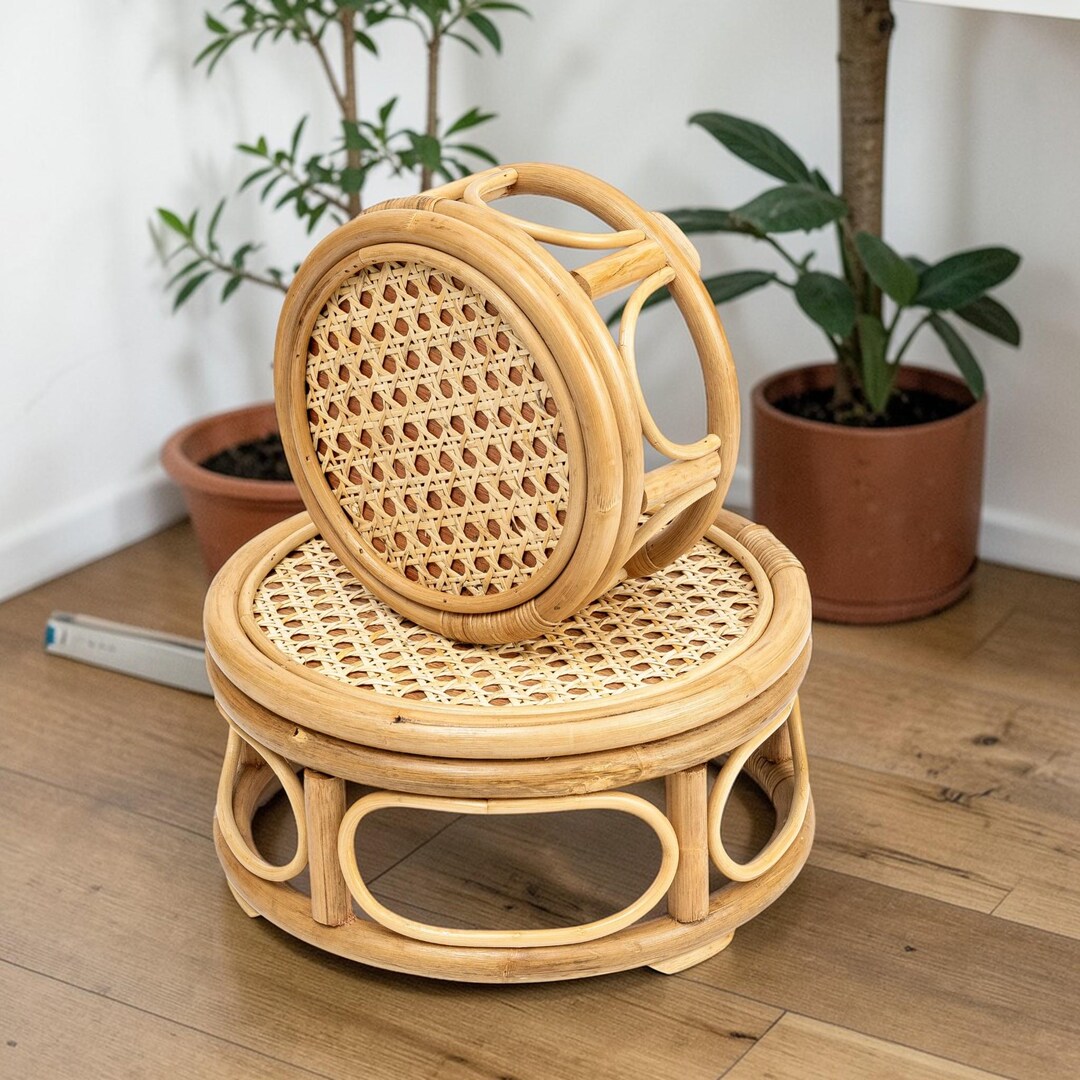 Wicker Riser Set of 2 Boho Rattan Plant Risers, Round Wicker Plant Stands, Natural ...