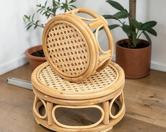 Set of 2 Boho Rattan Plant Risers, Round Wicker Plant Stands, Natural Indoor Planter Display, Coffee Table Decor, Housewarming Gift