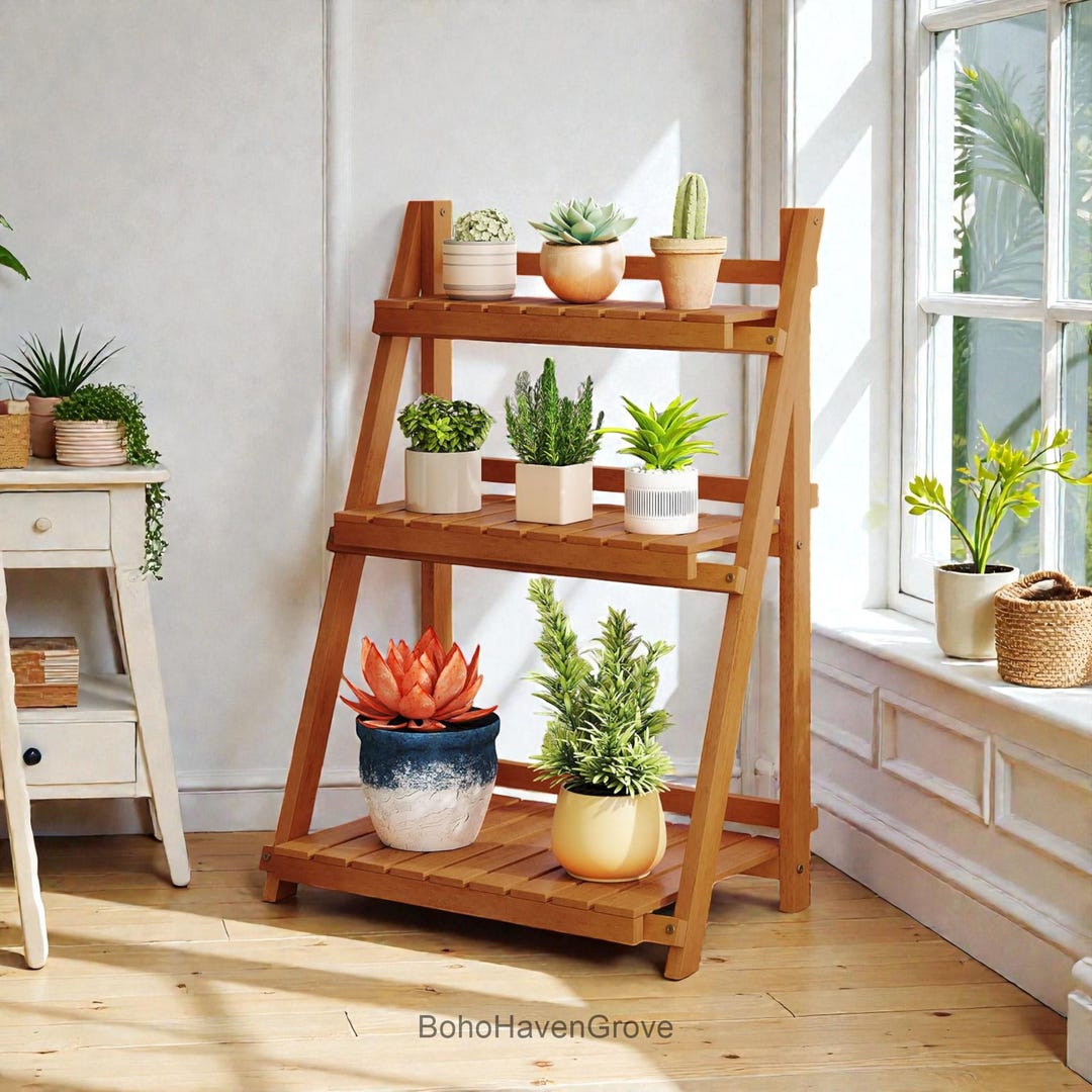 Foldable Wooden Plant Shelf 3 Tier, Solid Wood Ladder Plant Stand for ...