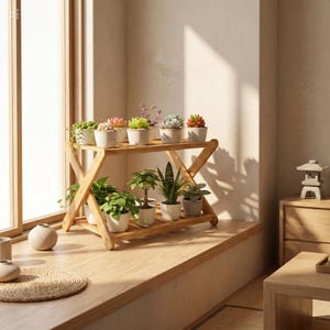 May include: A two-tiered, light-brown wooden plant stand holding various potted succulents and greenery. The stand is positioned near a window, with sunlight illuminating the plants. The pots are white, and the plants display a range of colors and textures.