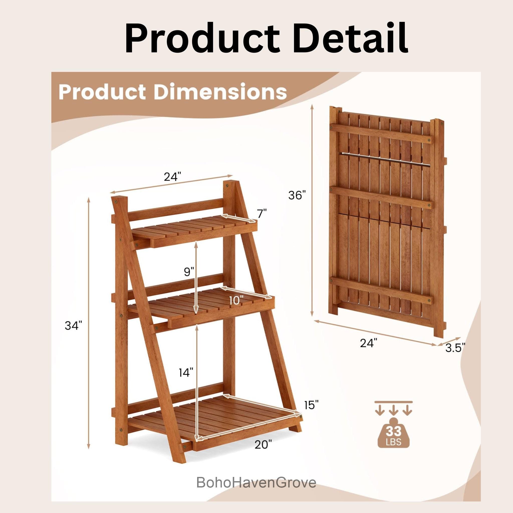 Foldable Wooden Plant Shelf 3 Tier, Solid Wood Ladder Plant Stand for ...