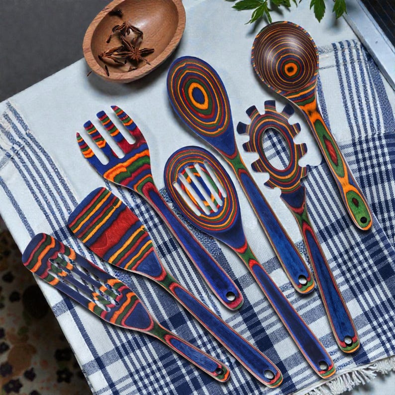 Premium wooden kitchen utensils set designed for nonstick cookware, showcasing smooth Pakkawood finish and ergonomic shapes, perfect for cozy kitchen decor, boho home styling, and everyday cooking in modern USA homes with natural materials.