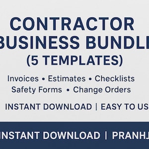 Könnte beinhalten: Eine dunkelblaue und weiße Grafik, die ein Contractor Business Bundle mit 5 Vorlagen bewirbt. Der Text enthält "Rechnungen, Angebote, Checklisten, Sicherheitsformulare, Änderungsaufträge". Es steht auch "Sofortiger Download | Einfach zu bedienen".