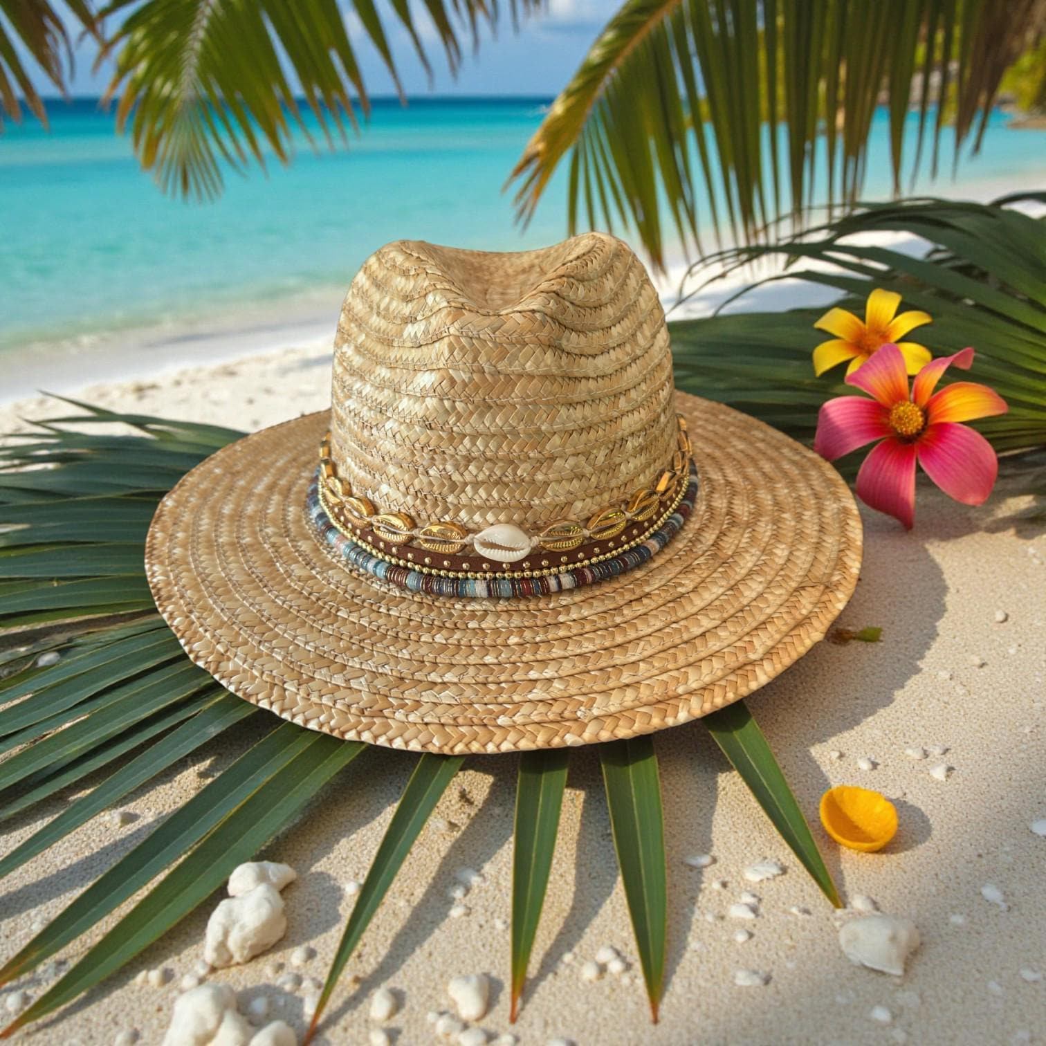 Ellen Tracy Boho Cowrie Shell Tan Paper Straw Sun Hat Women main image 3