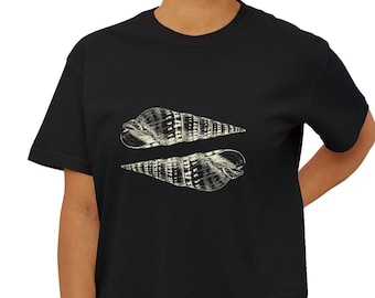 Conus Seashell Cropped T-Shirt, Hand-Drawn Shell Graphic Tee, Boxy Pigment Dyed Shirt, Beach Life Apparel, Nature Inspired Top, Unique Gift