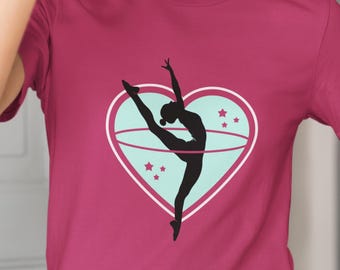 Camiseta juvenil de cuello redondo, manga larga para niños pequeños y algodón suave con silueta de gimnasta en forma de corazón