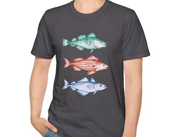Trio Fish Species Shirt, Colorful Cod Bass Mackerel Tee, Multi-Color Fishing Graphic T-shirt, Coastal Illustration, Fisherman Gift
