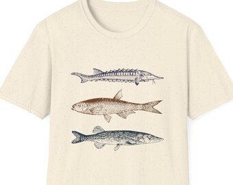 Fish Species Trio Shirt, Sturgeon Pike and Mullet Tee, Scientific Illustration Graphic, Earth Tone Angler Gift, Freshwater Fish Apparel