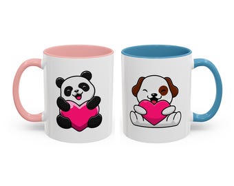 Tazas de café kawaii con forma de animal y corazones. Regalo de aniversario para tu novio o novia.