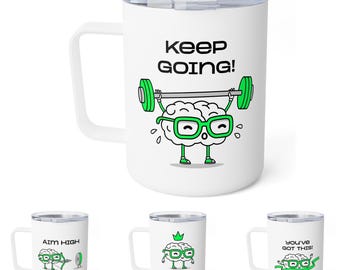 Colección Mindset: Tazas de café de acero inoxidable de 295 ml con aislamiento térmico y diseños únicos de arte cerebral motivacional.