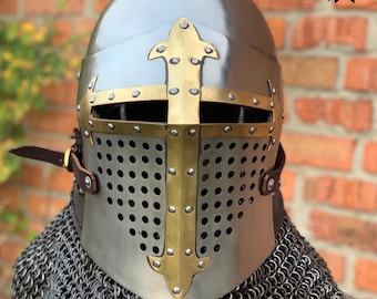 Medieval great helm crusader helmet with brass cross | handmade knight armor helmet | steel helmet with chainmail | larp sca hema