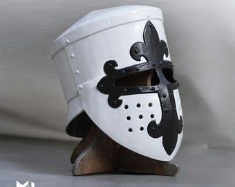 Yelmo de cruzado forjado a mano / Yelmo de caballero templario blanco con flor de lis / Regalo para LARP y cosplay