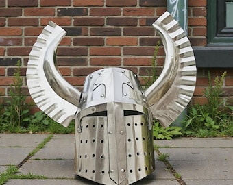 Winged templar knight helmet medieval steel – handmade horned great helm – larp reenactment crusader armor