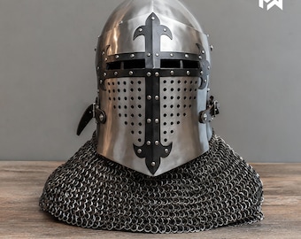 Larp guardian helmet blackened cross | medieval knight helmet | handmade steel armor helmet for larp cosplay reenactment