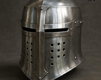 Hand Forged Steel Crusader Helmet | Medieval Knight Templar Armor | LARP Cosplay Renaissance Gift