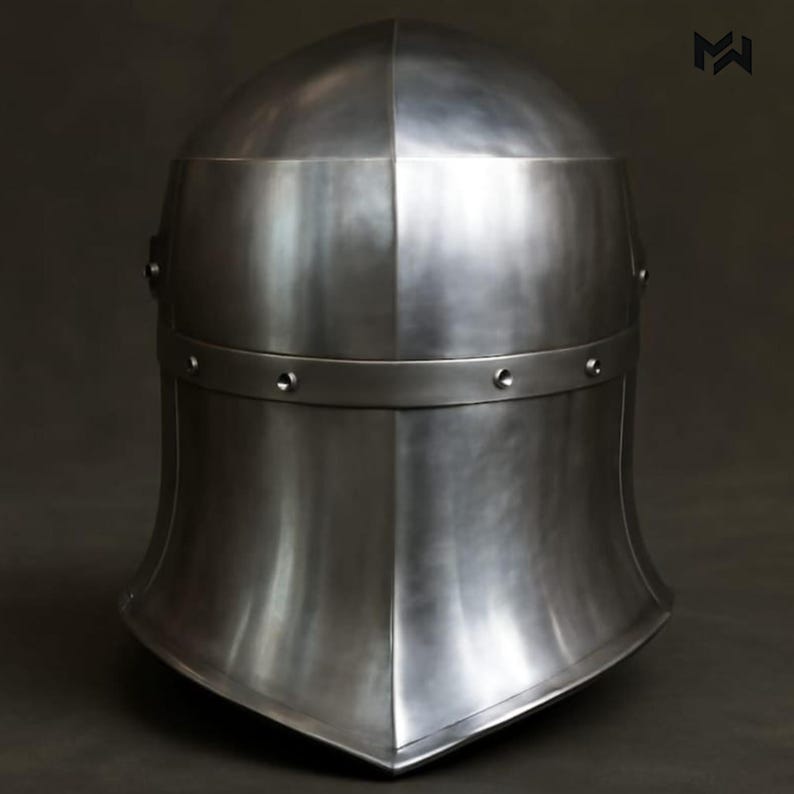May include: A polished steel medieval helmet with a rounded top and a flared lower section. The helmet features a horizontal band with rivets and a pointed lower edge. The metal has a reflective surface.