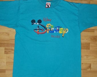 Vintage Walt Disney World 90s Mickey Inc Teal T-Shirt with Colorful Logo Rare XL