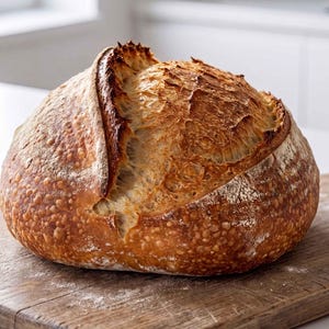 May include: A round loaf of sourdough bread with a deeply browned, blistered crust and a prominent, jagged score running across the top. The bread features a golden-brown exterior with a textured, rustic surface and a light dusting of flour.