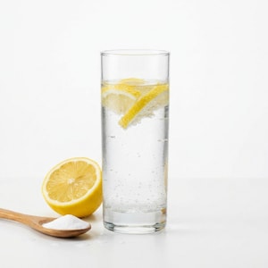 May include: A tall, clear glass filled with carbonated water and two yellow lemon slices floating near the top. Beside the glass sits a halved yellow lemon and a small wooden spoon containing a mound of white powder on a plain surface.