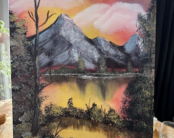 Originales Ölgemälde „Sonnenuntergang an einem Bergsee“, Landschaft im Stil von Bob Ross, Nass-in-Nass-Technik