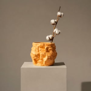 Può includere: Un vaso in ceramica arancione strutturato, con un esterno ruvido simile alla roccia. Il vaso contiene un rametto di fiori di cotone. È esposto su un piedistallo quadrato grigio, su uno sfondo neutro. L'estetica generale è minimalista e naturale.