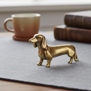 Op de afbeelding: Een messing teckelbeeldje met een gepolijste afwerking. Het hondenbeeld staat op een grijze ondergrond, met een koffiemok en boeken op de achtergrond. Het beeldje is ongeveer 15 cm lang.