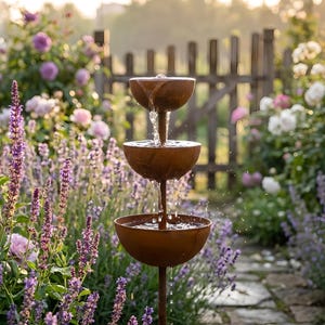 Rain Catcher Garden Stake Rust Patina Metal Pollinator Water Bowl Outdoor Decor