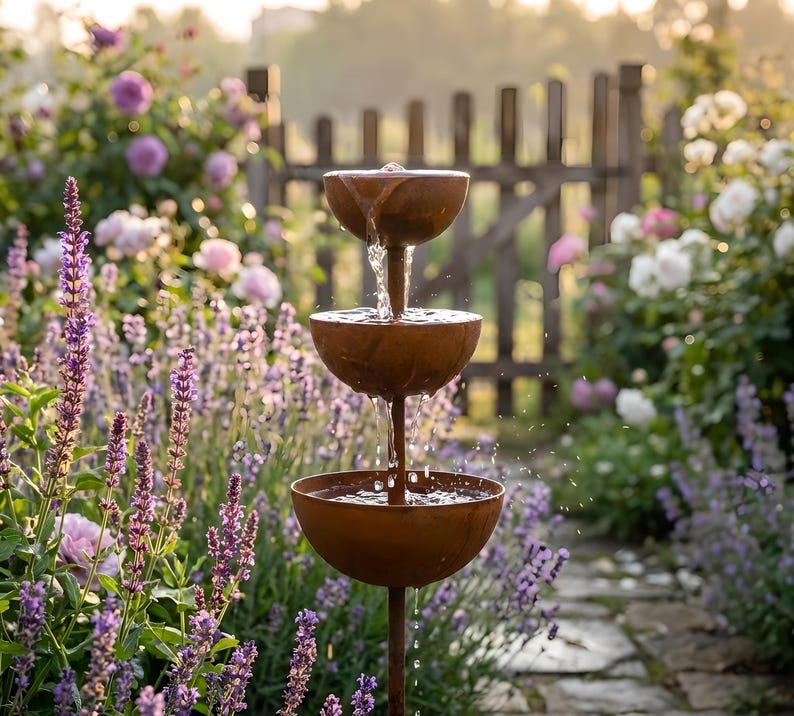 Rain Catcher Garden Stake Rust Patina Metal Pollinator Water Bowl Outdoor Decor image 1