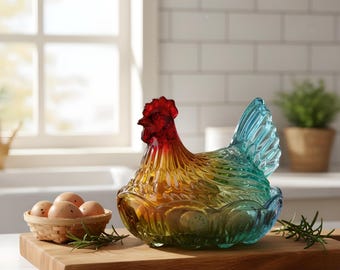 Hen Glass Candy Jar Red Multicolor Vintage Chicken Kitchen Decor Container
