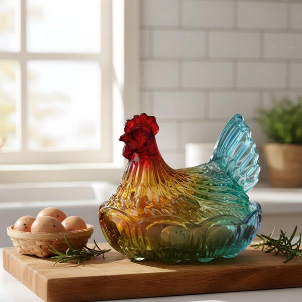 Hen Glass Candy Jar Red Multicolor Vintage Chicken Kitchen Decor Container