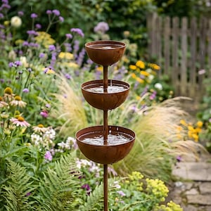 May include: A tiered outdoor water fountain with three bowl-shaped basins. The fountain is made of rusty brown metal and is set against a backdrop of a lush garden with colorful flowers and greenery. Water flows from the top basin to the bottom.