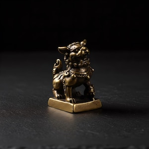 May include: A small, detailed brass figurine of a mythical creature, possibly a guardian lion. The sculpture is on a rectangular base and features intricate detailing, including a mane, curled tail, and ornate collar. The overall color is a warm, antique gold.