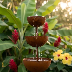 May include: A tiered outdoor water fountain made of weathered metal. Water flows from the top bowl down to the bottom, creating a small waterfall effect. The fountain is surrounded by lush green foliage, red flowers, and yellow flowers.