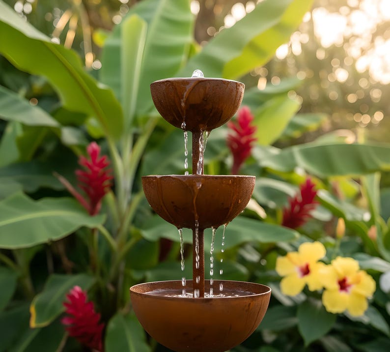 May include: A tiered outdoor water fountain made of weathered metal. Water flows from the top bowl down to the bottom, creating a small waterfall effect. The fountain is surrounded by lush green foliage, red flowers, and yellow flowers.