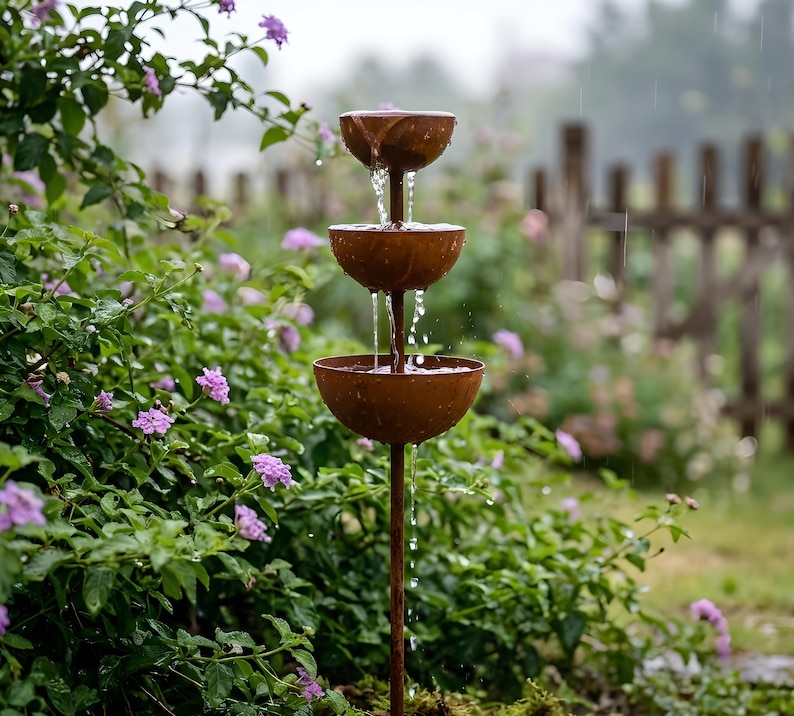 May include: A three-tiered outdoor water fountain made of weathered metal. Water cascades from the top bowl to the bottom, creating a tranquil effect. The fountain is set in a garden with green foliage and purple flowers, with a wooden fence in the background.