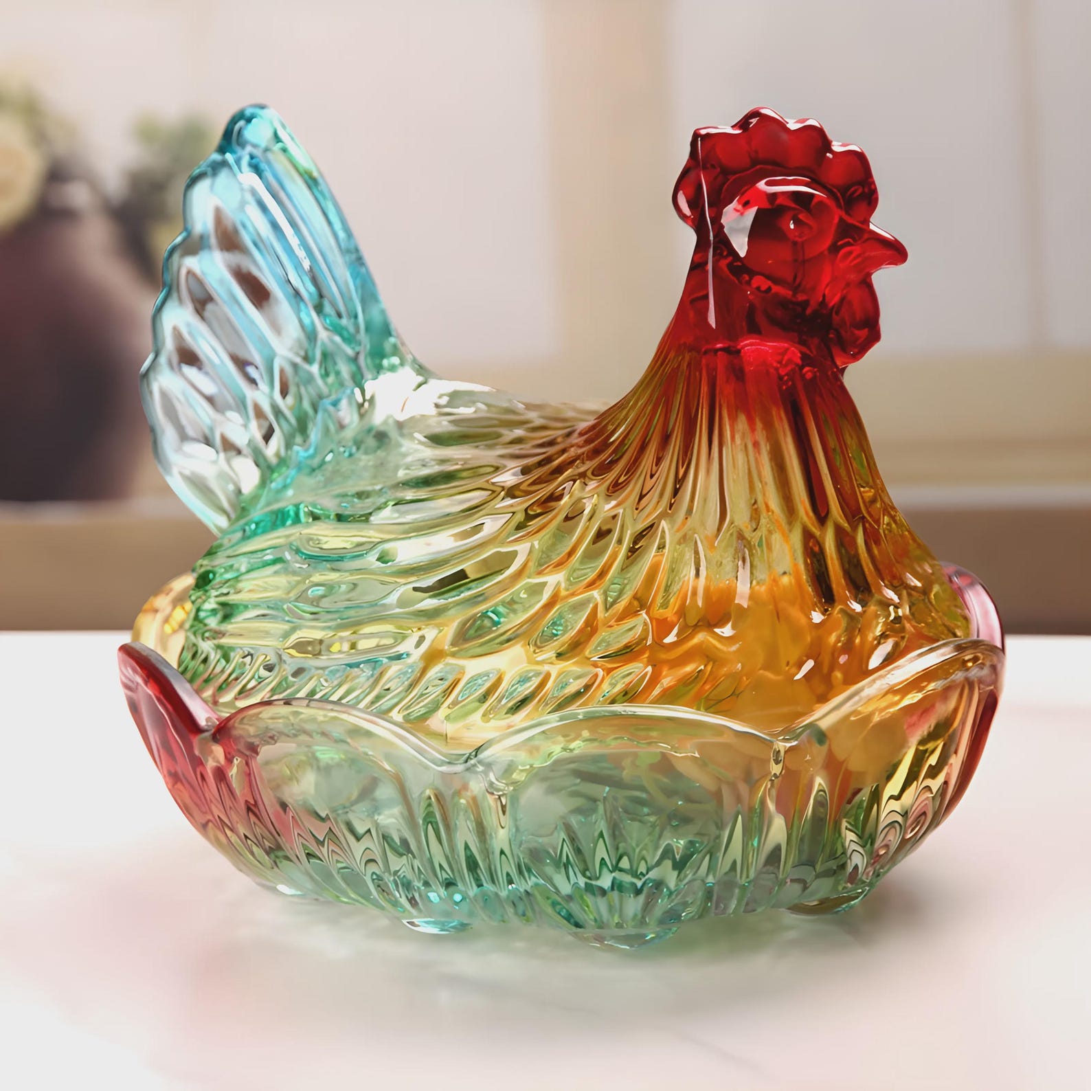 Hen Glass Candy Jar Red Multicolor Vintage Chicken Kitchen Decor Container - Multicolor