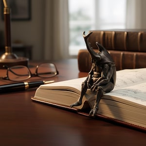 May include: A bronze-colored beetle figurine sits on an open book with handwritten notes. The beetle has large horns and is posed as if deep in thought. A pen and glasses rest on the wooden desk, with a lamp and books in the background.