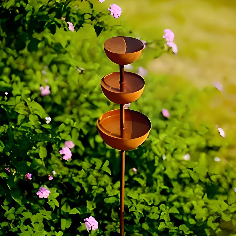 May include: A three-tiered, bronze-colored bird feeder with a slender pole. Each tier is a shallow bowl, perfect for holding birdseed. The feeder stands in front of a backdrop of green foliage and small pink flowers.