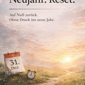 Könnte beinhalten: Ein Bild mit dem Text "Neujahr. Reset." und den Sätzen "Auf Null zurück. Ohne Druck ins neue Jahr." Ein Kalender zeigt "31. Dez." und ein Vintage-Wecker liegt im Gras. Der Hintergrund ist ein Weg, der zu einem Sonnenuntergang führt.