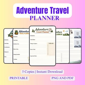 Può includere: Un download digitale con cinque modelli di Adventure Travel Planner. I planner hanno uno sfondo bianco con testo e grafica neri. Il titolo "Adventure Travel Planner" è in viola. La parte inferiore dell'immagine dice "Printable" e "PNG and PDF".
