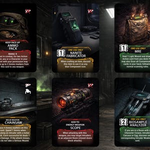 Peut inclure: Six cartes à collectionner sur un thème sombre et futuriste. Les cartes présentent des illustrations d'équipement comme un sac à dos, un nanite fabricator et une tronçonneuse. Le texte sur les cartes décrit leurs fonctions, y compris les munitions, la guérison et les améliorations d'armes.