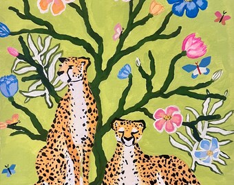 Stampa artistica di ghepardo cineseria – stile preppy floreale, 8x10