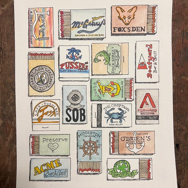Annapolis, Maryland Matchbooks Watercolor Print - 8x10