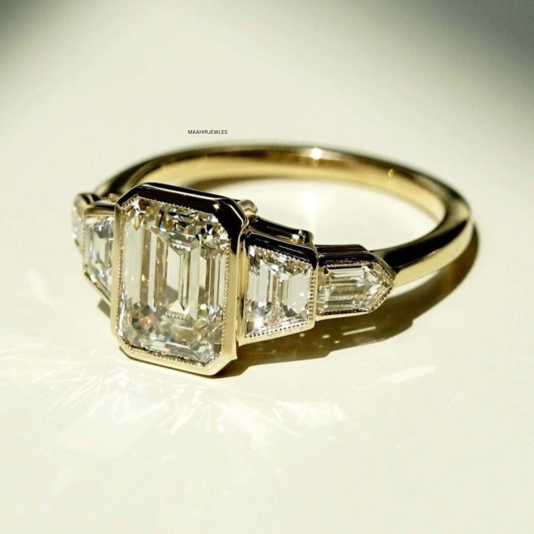 Emerald Cut Moissanite Ring Tapered Baguette Side Stones Art Deco ...
