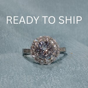 Round Cut Halo Engagement Ring, Replacement Ring, Chenal Set Band Wedding Ring, Fake Diamond Ring For Travel, CZ Anniversary Ring