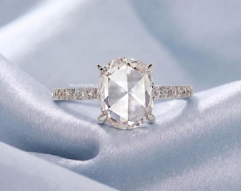 Anillo de boda con moissanita talla cojín rosa y anillo de compromiso de oro blanco de 14 quilates con diamante.